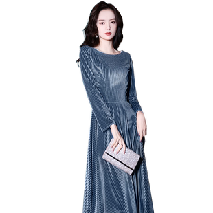 晚礼服女宴会气质钢琴演奏主持人轻奢小众高端高级感蓝色端庄大气