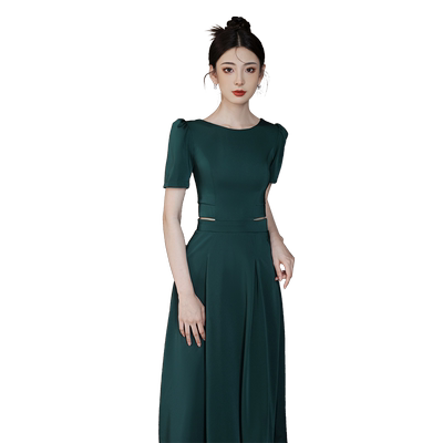 阿莲莉赫本中长款墨绿色晚礼服女