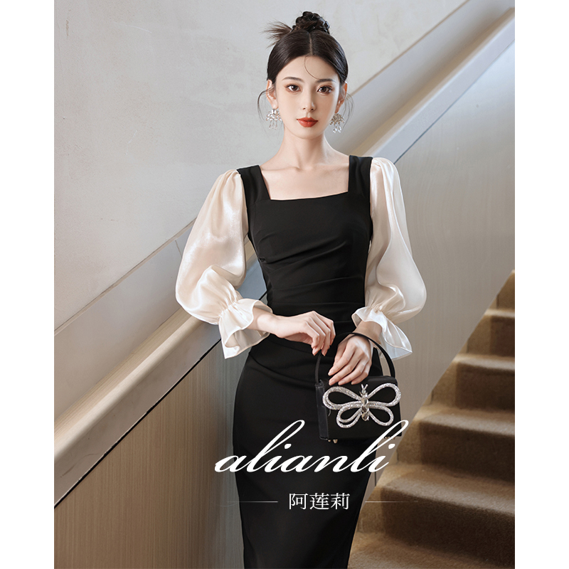 阿莲莉赫本正装长袖后开叉晚礼服