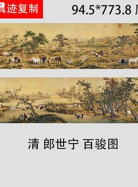 清郎世宁百骏图百马图古典重彩十大名S画长卷巨幅微喷明清装饰画
