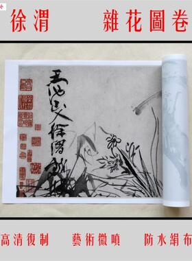 明徐渭杂d花图卷国画复制长卷临摹学习装饰防水绢布材质30X1024cm