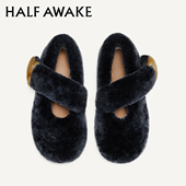 HALFAWAKE复古冬季 外穿羊毛毛绒毛毛平底一脚蹬玛丽珍芭蕾舞鞋