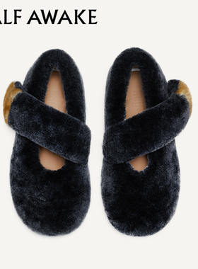 HALFAWAKE复古冬季外穿羊毛毛绒毛毛平底一脚蹬玛丽珍芭蕾舞鞋