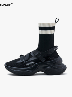 HALFAWAKE原创厚底运动鞋女春夏黑色牛皮高弹飞织绑带机能袜靴