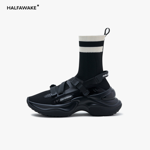 HALFAWAKE原創(chuàng)厚底運(yùn)動(dòng)鞋 女春夏黑色牛皮高彈飛織綁帶機(jī)能襪靴