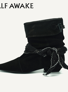 HALFAWAKE25秋冬流行翻折褶皱小方头丝带复古真皮民族风堆堆短靴