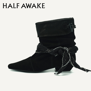 HALFAWAKE25秋冬流行翻折褶皱小方头丝带复古真皮民族风堆堆短靴