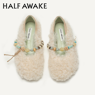 HALFAWAKE2025冬季羊羔毛手工串珠防寒毛毛鞋羊毛踩跟玛丽珍鞋女