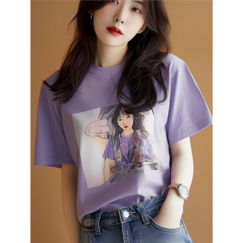 【现货】【爆款】紫色人物图像印花短袖t恤女2024新款小众设计感