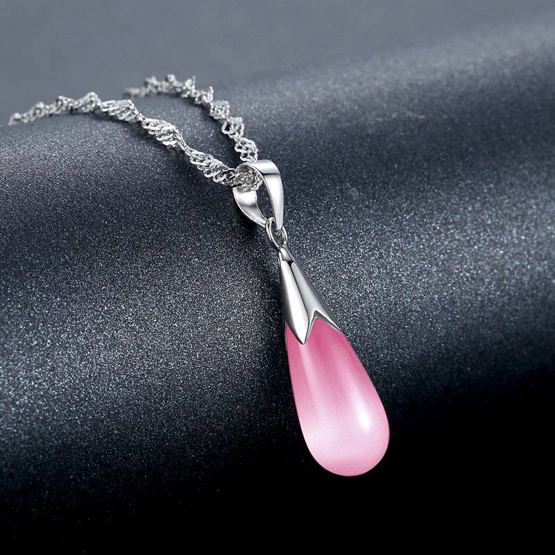 s925纯银天使之泪粉色水滴项链女韩版简约百搭猫眼石设计感锁骨链