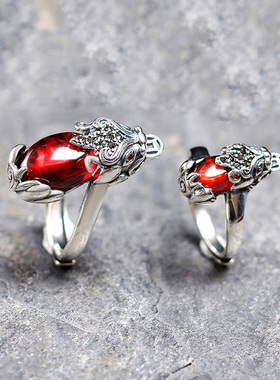 s925纯银招财复古红宝石貔貅戒指