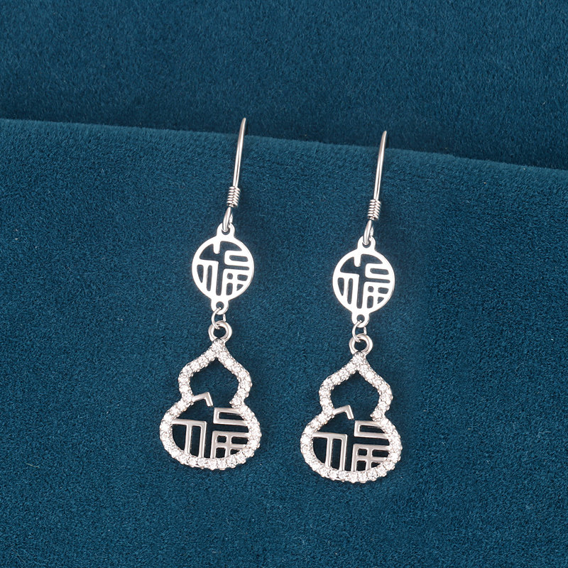s925纯银吉祥福袋耳钩女中国风精致福字钱袋耳坠短款平安古风耳饰