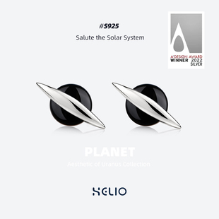HELIO赫粒925银镀原创设计18K白金行星环黑玛瑙耳钉新款 耳饰礼品
