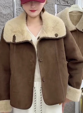 艾尔美15191短款冬季鹿皮绒高端洋气女皮草一体短外套双面穿上衣