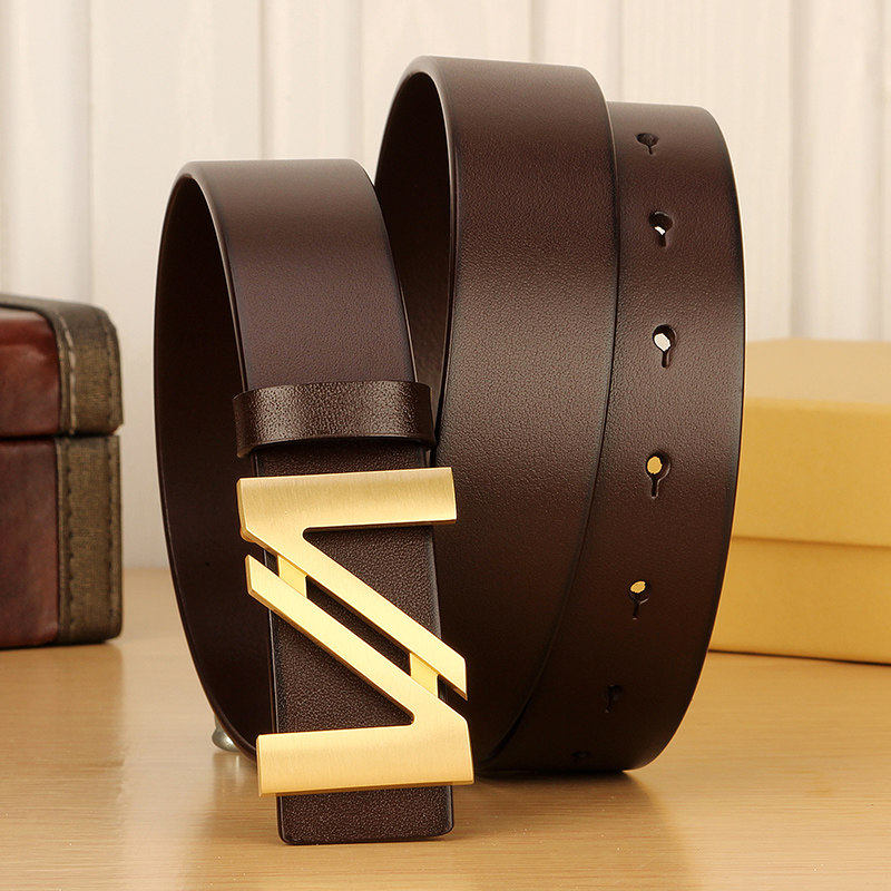 男士真皮皮带头层纯牛皮黄铜平滑扣皮带双v字母时尚休闲裤腰带潮