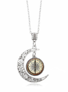 复古指南针图案时光宝石项链女百搭银色镂空月亮吊坠毛衣链