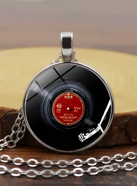 复古黑胶唱片图案时光宝石吊坠项链女百搭欧美复古毛衣链