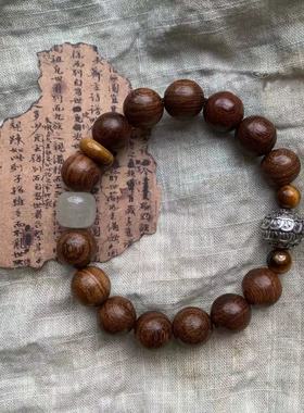 古风小众设计款原创自制10mm金丝檀木银色古风珠新中式手串