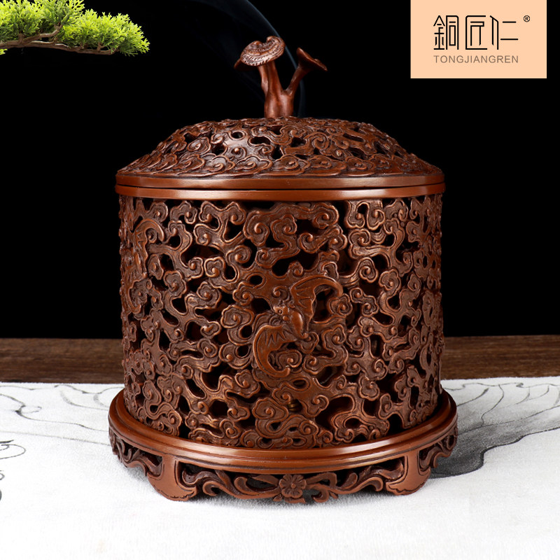 铜匠仁紫铜灵芝寿桃云纹熏香炉纯铜家用室内檀香炉佛香插线香仿古