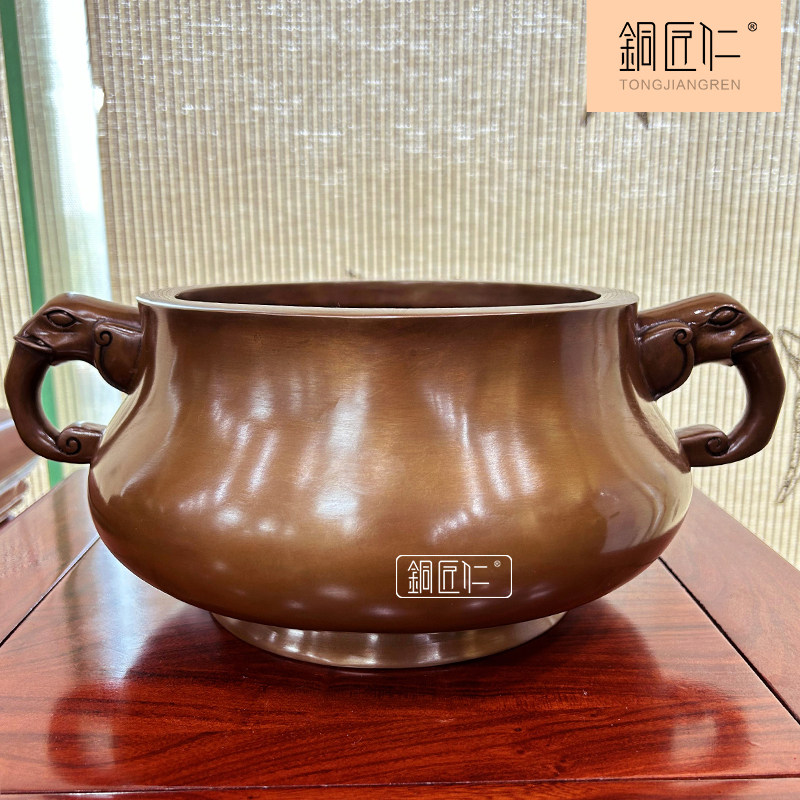 铜匠仁 紫铜夔龙耳簋式香炉摆件 铜香薰炉摆设家用室内客厅玄关