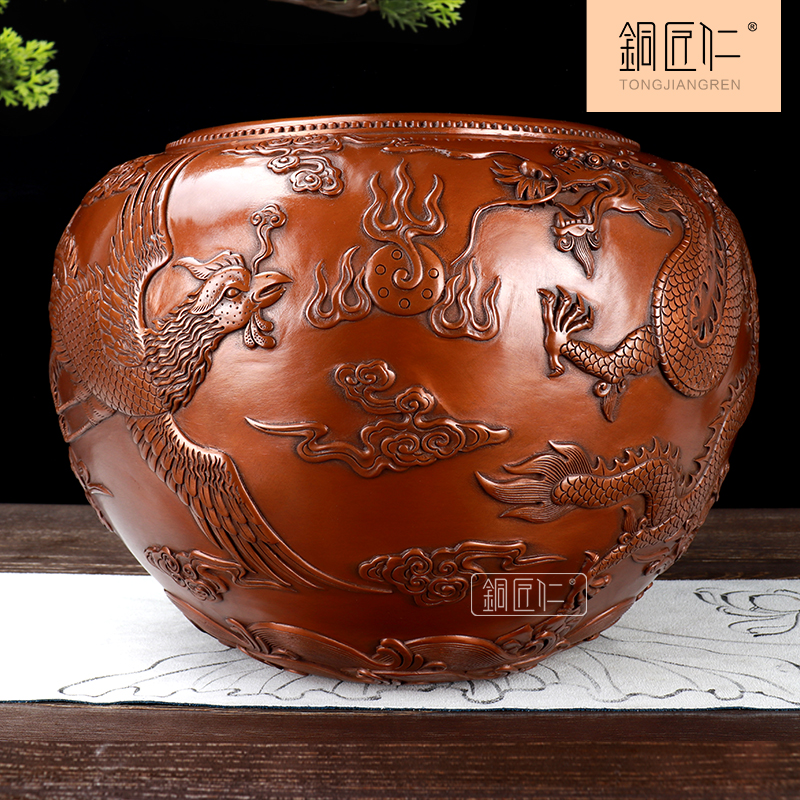 铜匠仁 紫铜龙凤缸摆件 铜缸摆设 聚宝盆家居创意画卷收纳缸