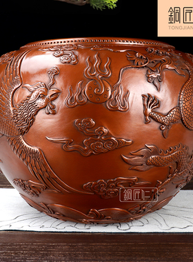 铜匠仁 紫铜龙凤缸摆件 铜缸摆设 聚宝盆家居创意画卷收纳缸