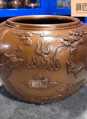 紫铜龙凤缸摆件铜缸聚宝盆画卷收纳缸办公室入户玄关中式饰品