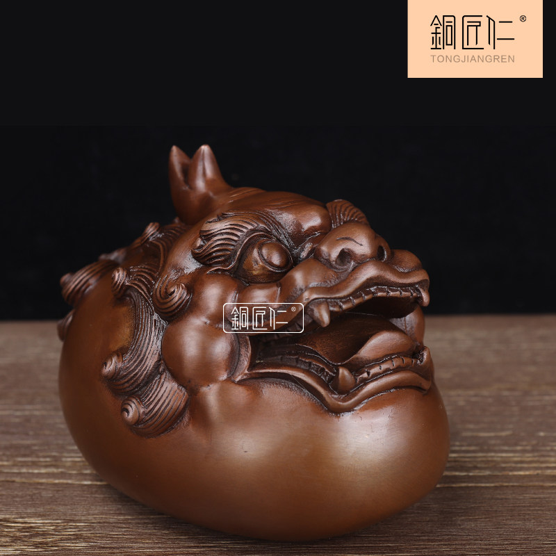 紫铜独角貔貅摆件 铜瑞兽摆设 中式创意客厅玄关办公室桌面铜器