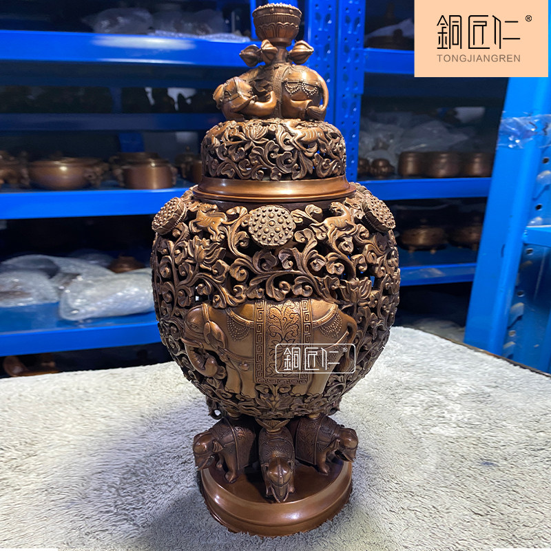 铜匠仁 紫铜盛象莲花宝熏香炉摆件铜香薰炉摆设家用室内客厅佛具