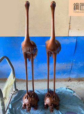 铜匠仁 紫铜龙头龟鹤摆件一对 铜双鹤龟鹤延年祝寿摆设落地仙鹤