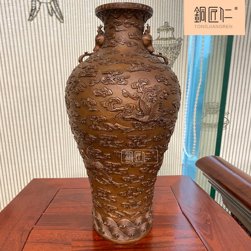 紫铜鹤寿延年瓶摆件铜赏瓶客厅书桌摆设家居装饰办公室精工錾刻