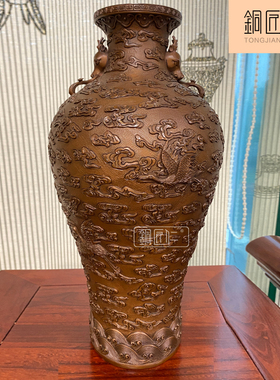 紫铜鹤寿延年瓶摆件铜赏瓶客厅书桌摆设家居装饰办公室精工錾刻