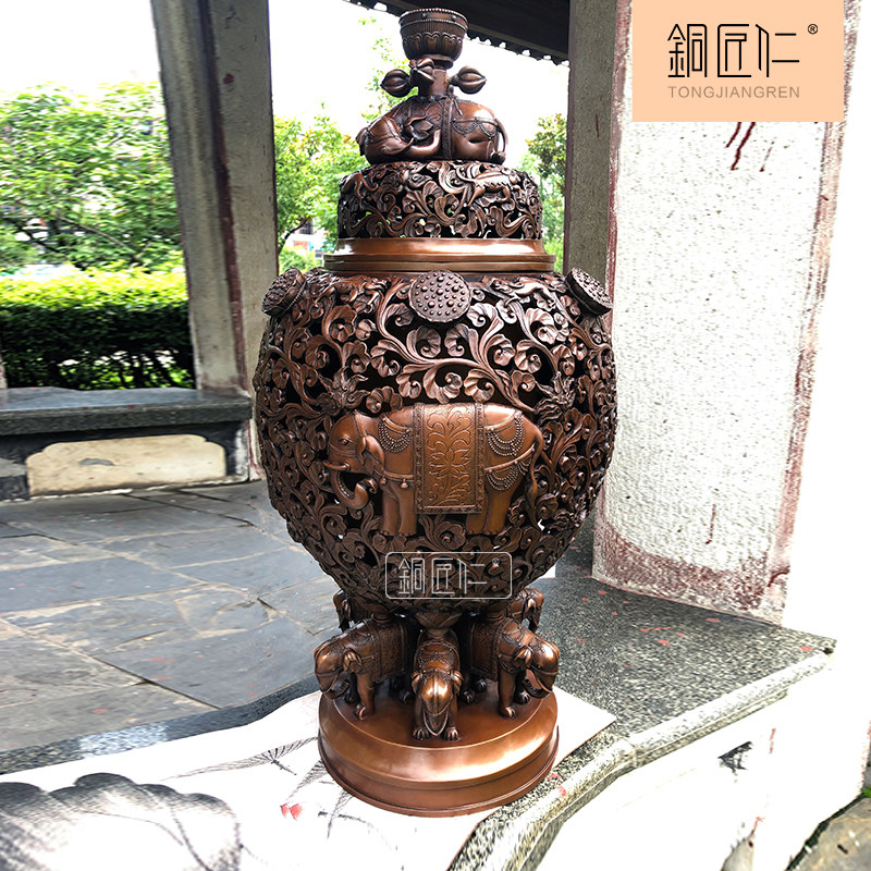 铜匠仁紫铜盛象莲花宝熏铜大象香薰炉摆件家用室内供佛供奉佛具