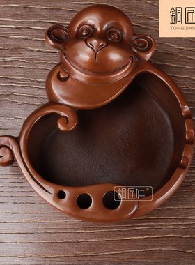 紫铜卷尾猴烟缸摆件纯铜生肖猴