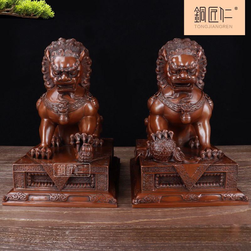 铜匠仁 紫铜宫门对狮摆件一对铜故宫瑞兽狮办公室家居开业礼品