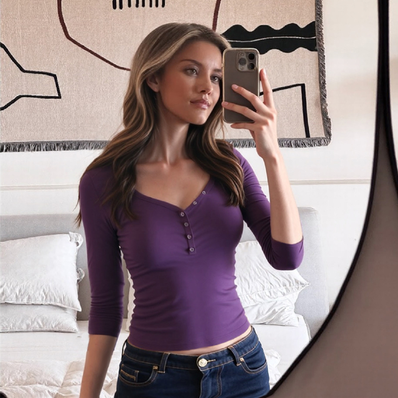 shemoda日常百搭纽扣V领修身显瘦七分袖T恤女简约纯色打底衫上衣