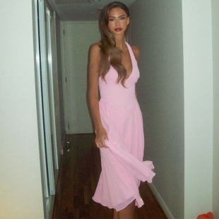 shemoda 高腰A形长裙 双层网纱拼接深V领挂脖露背连衣裙女弹力修身