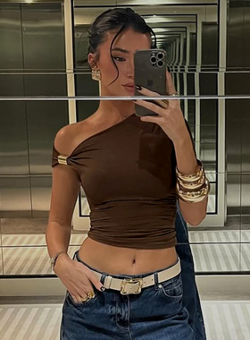 shemoda欧美风设计感斜领单肩短袖T恤女褶皱高腰弹力修身辣妹上衣
