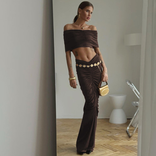 褶皱抹胸上衣半身裙时尚套装