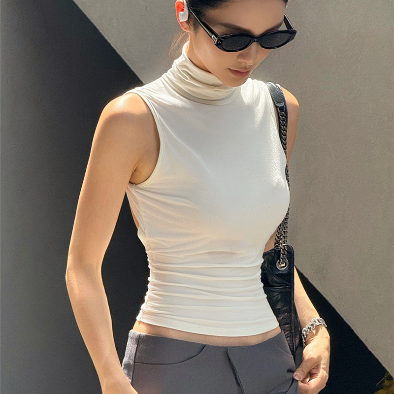 shemoda欧美风性感大露背高领无袖背心女 辣妹修身纯色打底短上衣