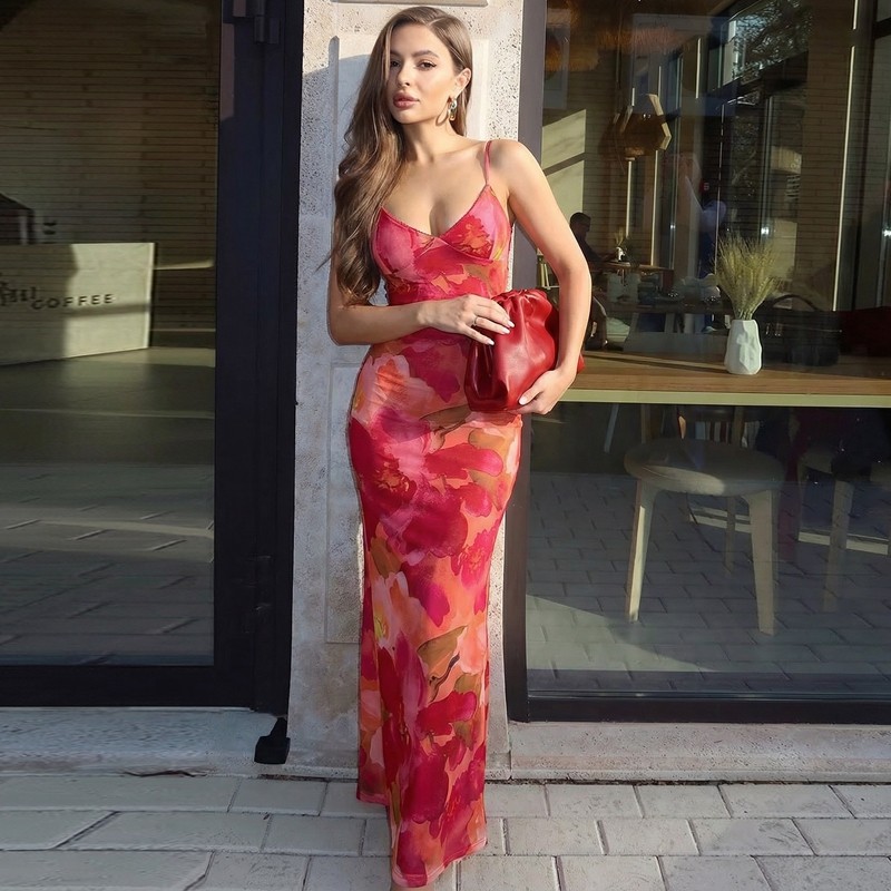 shemoda度假风个性印花双层网纱拼接V领吊带连衣裙女好药修身长裙