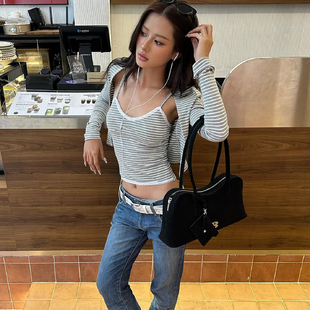 外套两件套装 开衫 女 长袖 shemoda辣妹风条纹印花蕾丝拼接吊带背心