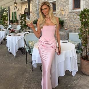 shemoda欧美风性感一字领抹胸礼服连衣裙女缎面拼接高腰修身 长裙