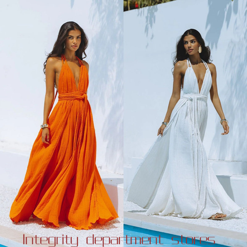 Ribbon slit slim fit sexy dress感露背绑带纯色连衣裙腰带大摆