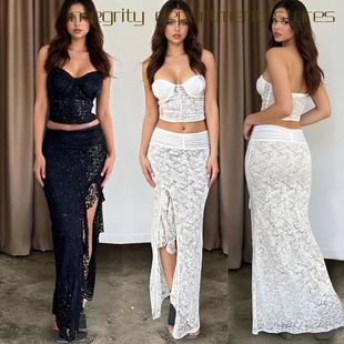 strapless mesh lace vest dress性感不规则开叉包臀长裙 Sexy