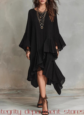 Chiffon T-shirt sexy vacation beach dress称荷叶边黑色连衣裙