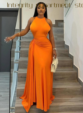 Printed sleeveless sexy suspender dress风纯色收腰褶皱设计包