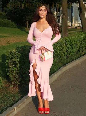 Deep V lace perspective sexy slim fit dress f性感领喇叭袖荷