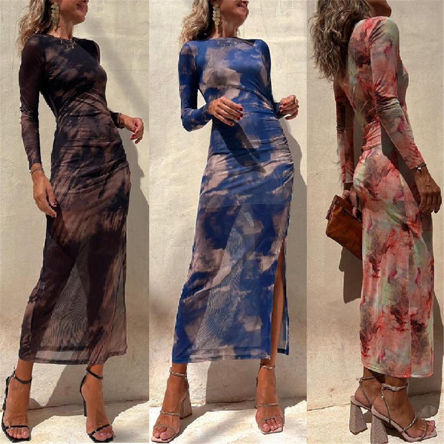 Printed strapless sleeveless slim sexy dress2023秋装网纱性感
