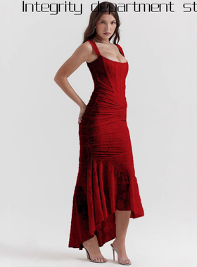 Printed sexy party slim fit dress网提花褶皱无袖鱼尾吊带长裙